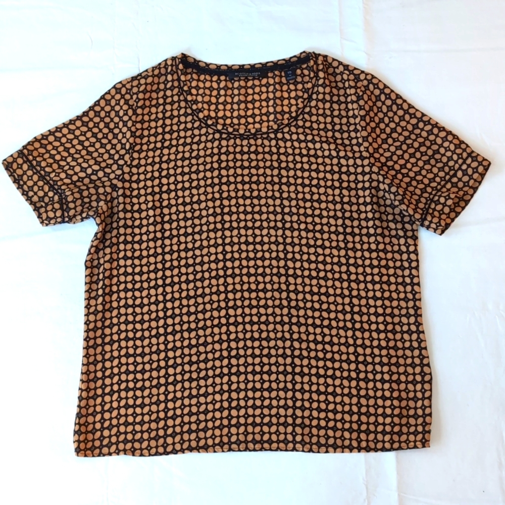 Scotch & Soda Women's Short Sleeve Patterned Top Tan and Black Size Medium